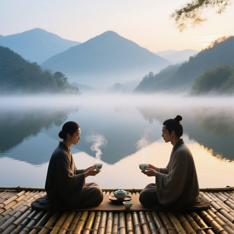 Intimate Tea Ceremony Bamboo Deck Misty Lake Vietnam Dawn