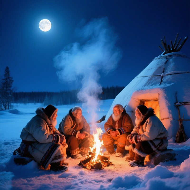 Inuit Elders Around Fire Igloo