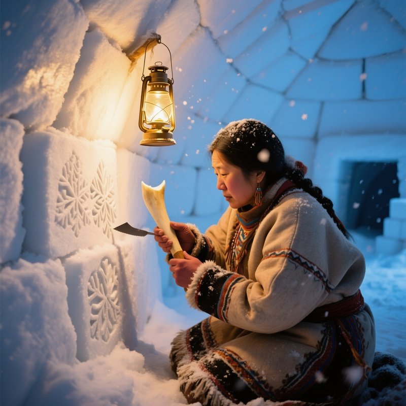 Inuit Woman Carving Igloo Entrance