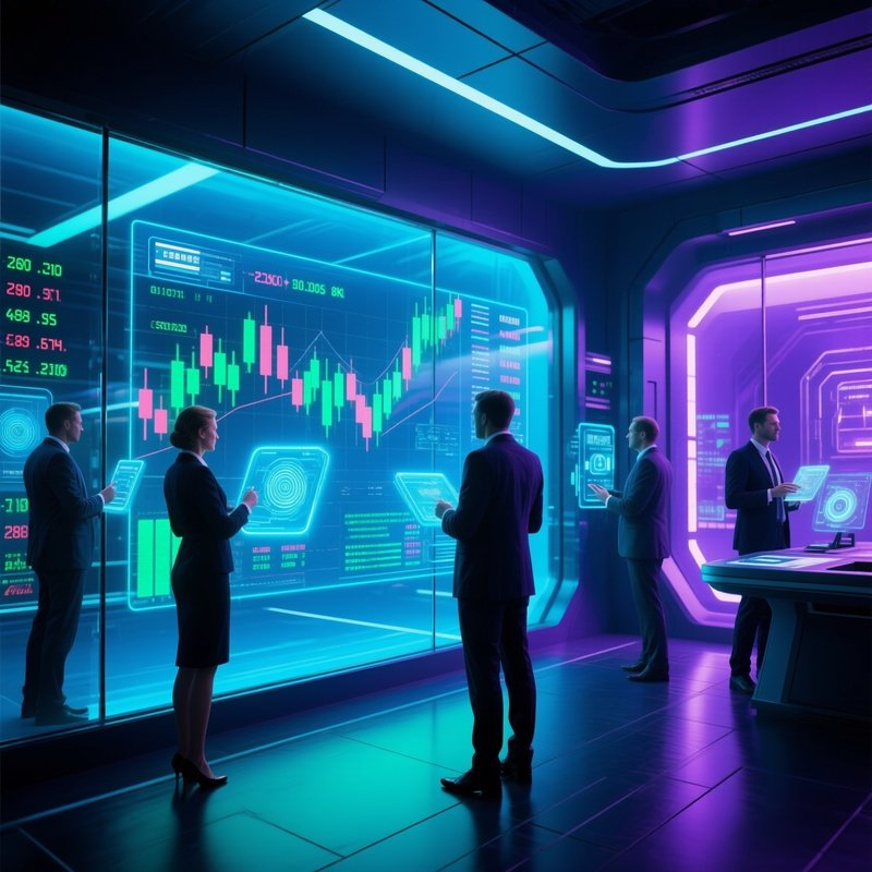 Investors Watching Stock Tickers In A Glass Walled Skyscraper Science Fiction