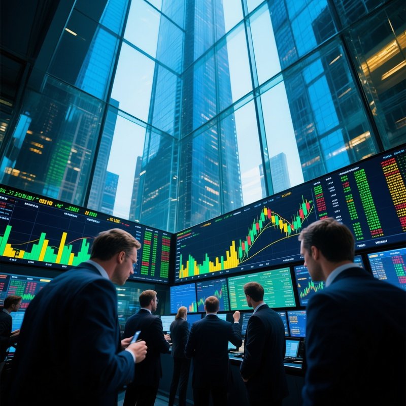 Investors Watching Stock Tickers In A Glass Walled Skyscraper