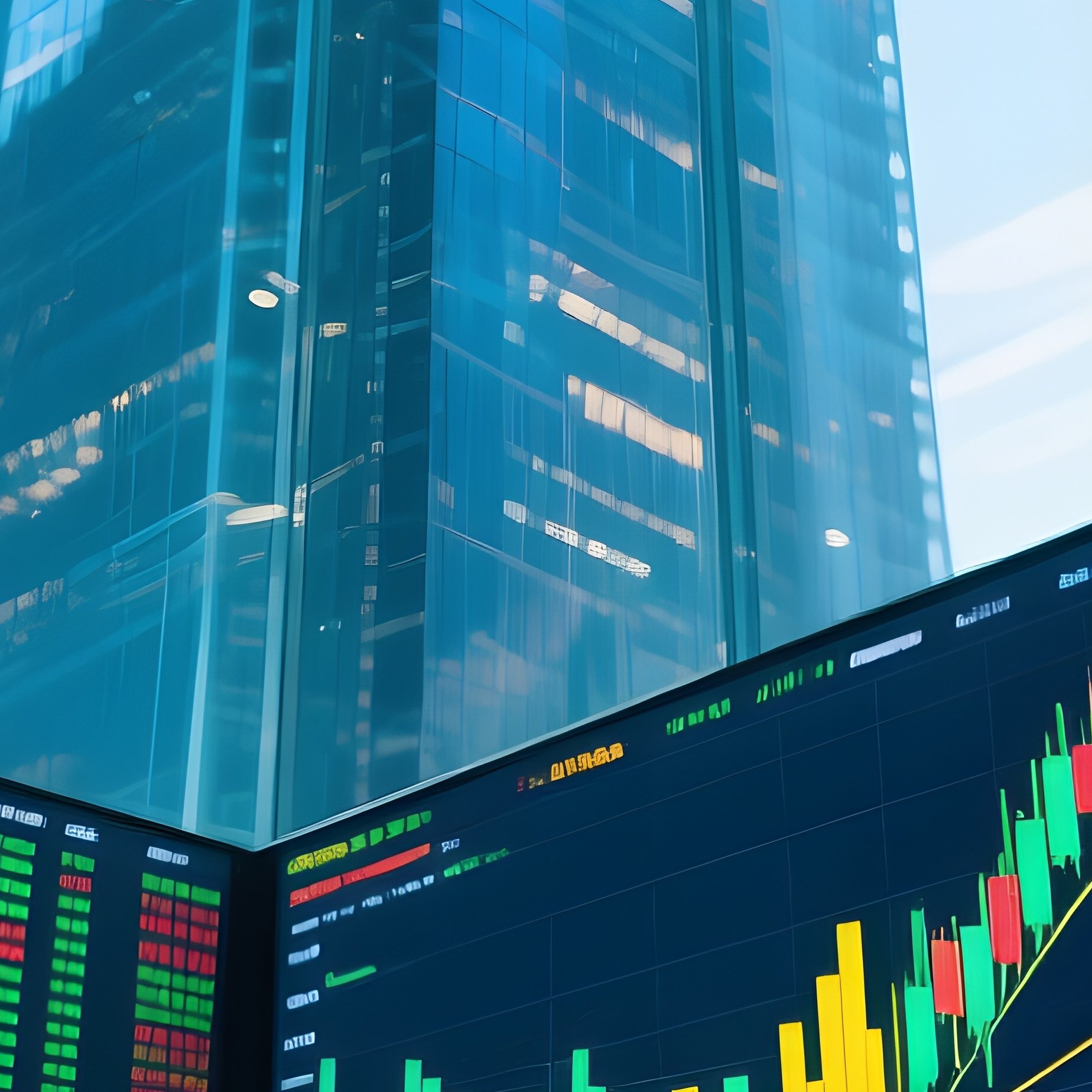 Investors Watching Stock Tickers In A Glass Walled Skyscraper - Full Resolution Quality Preview