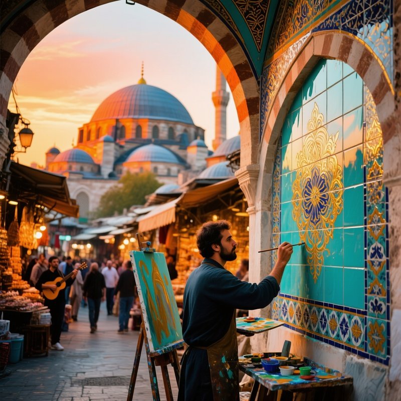 Istanbul Bazaar Sunset Painter Tile Fresco