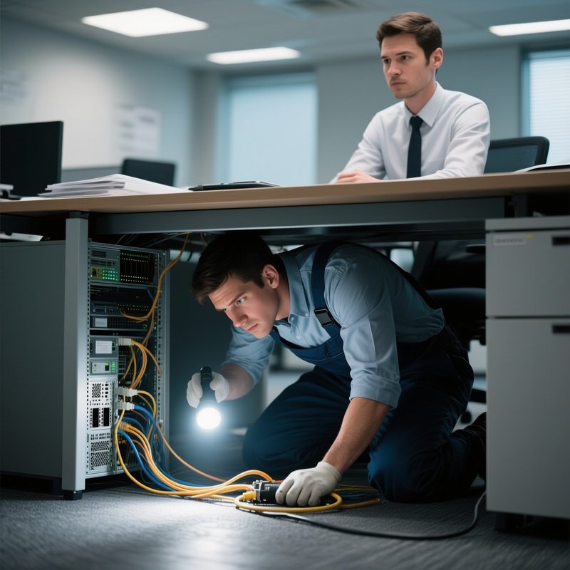 It Support: An It Technician Crawling Under A Desk With A Flashlight To Fix A Connection Issue While The Office Worker Watches.