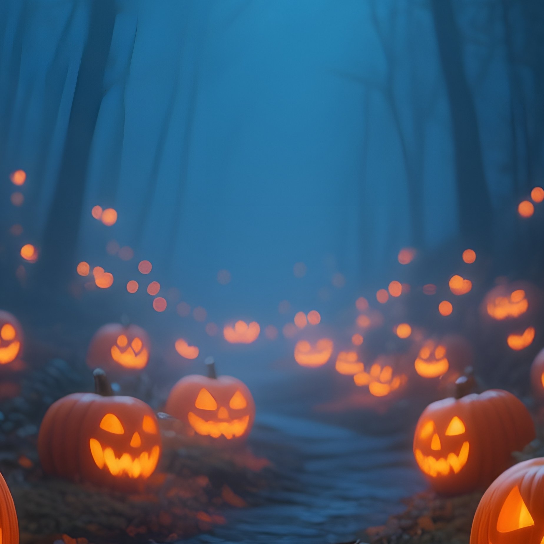 Jack O Lanterns In A Forest Halloween Pumpkin - Full Resolution Quality Preview