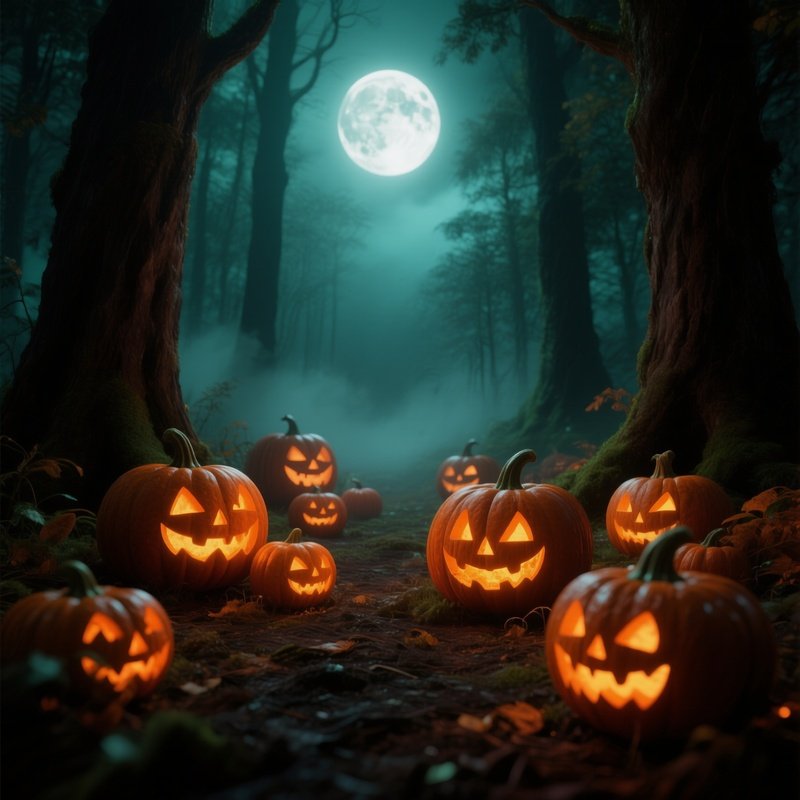 Jack O Lanterns In A Forest Setting Halloween Pumpkin