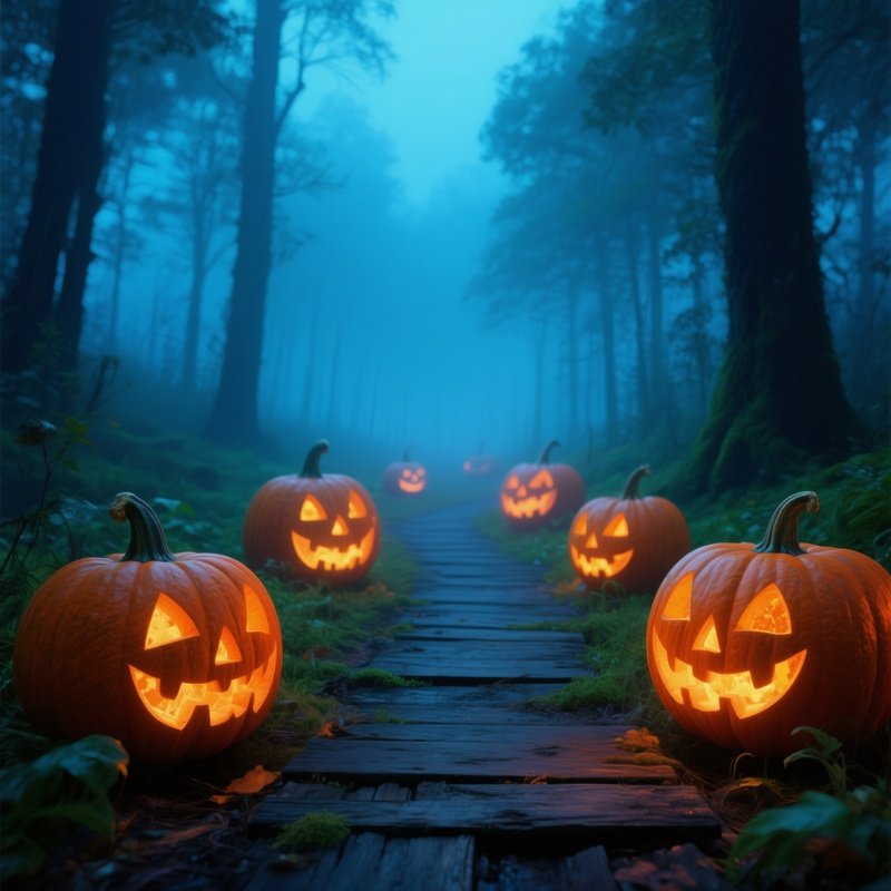 Jack O Lanterns On A Wooden Path Halloween Pumpkin