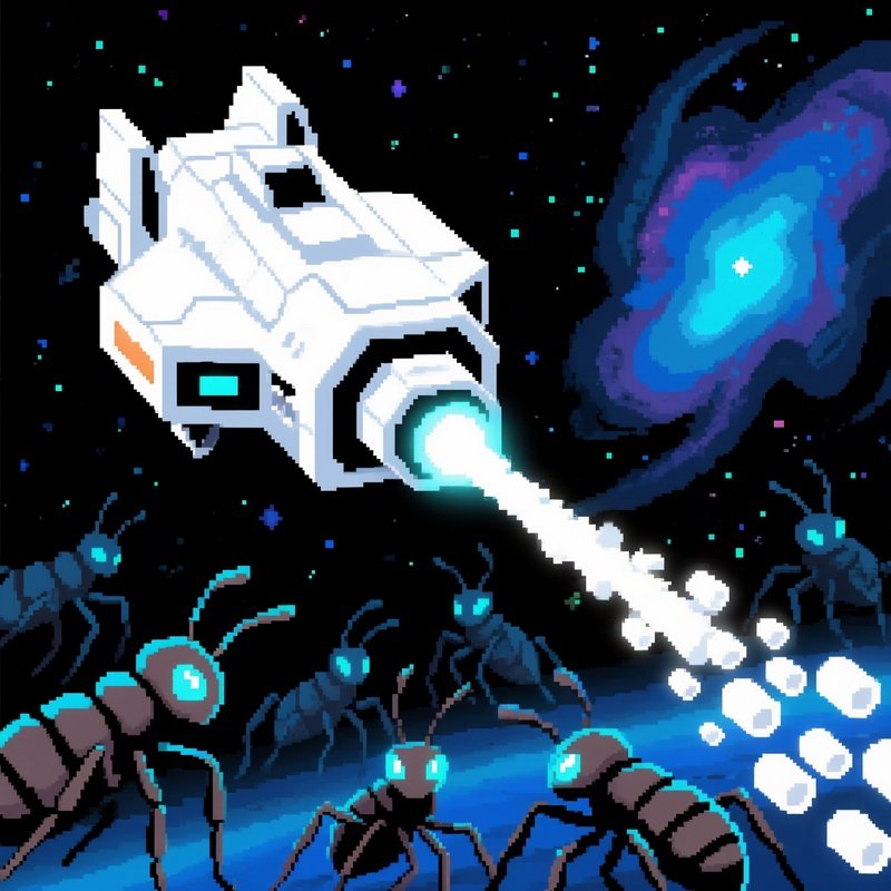 Jagged Pixelated Spaceship Shooting Pellets At Insect Aliens