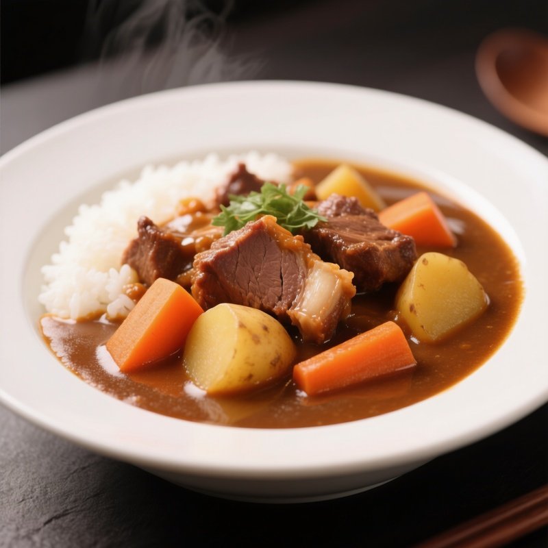 Japanese Curry With Tender Meat, Carrots, Potatoes, And Thick Curry Sauce Over Rice