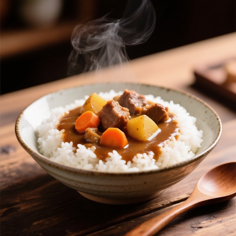 Japanese Curry With Tender Meat Carrots Potatoes Thick Sauce Over Rice