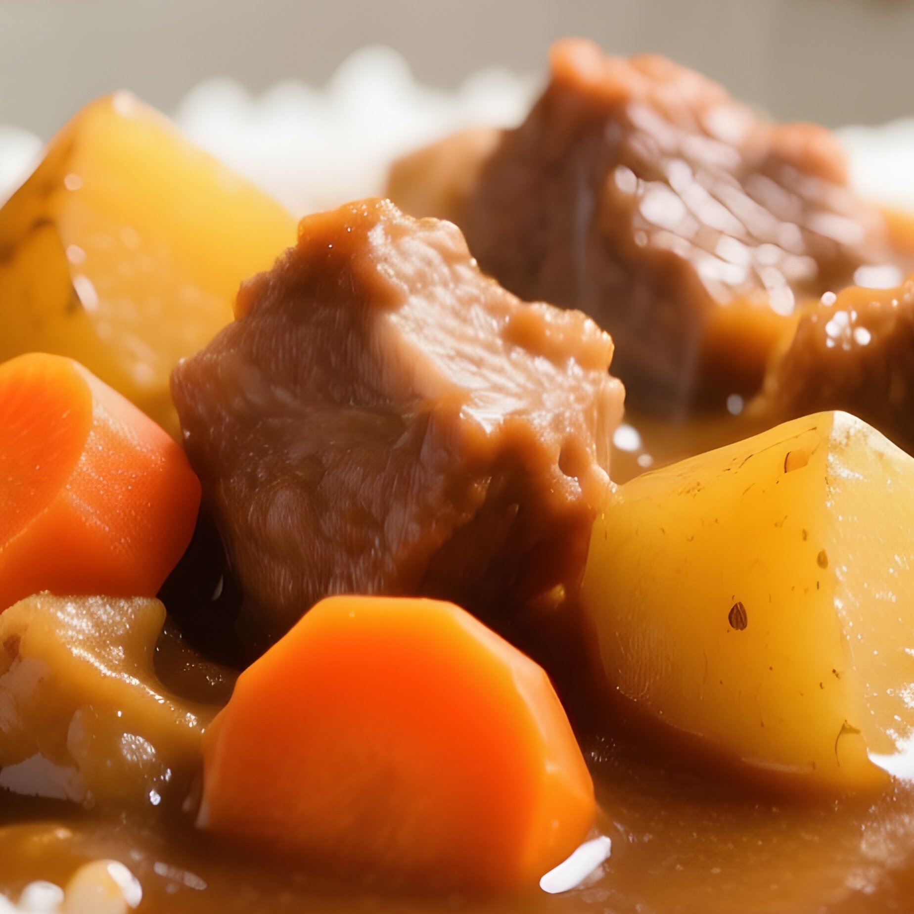 Japanese Curry With Tender Meat Carrots Potatoes Thick Sauce Over Rice - Full Resolution Quality Preview