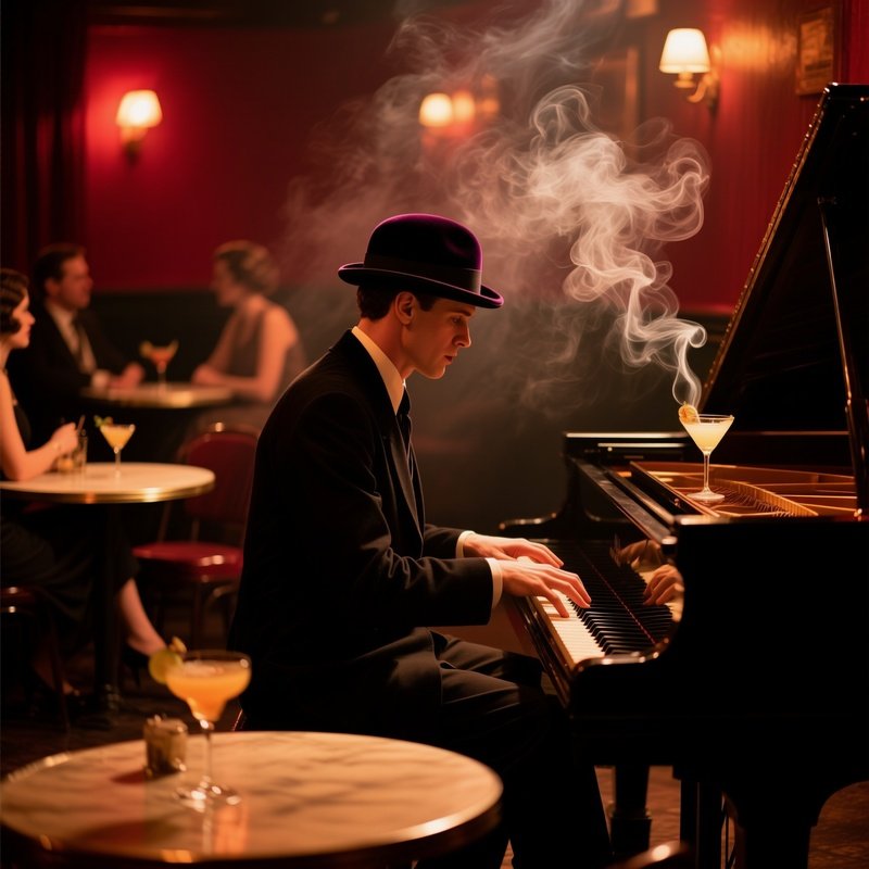 Jazz Club Pianist In Velvet Bowler Hat