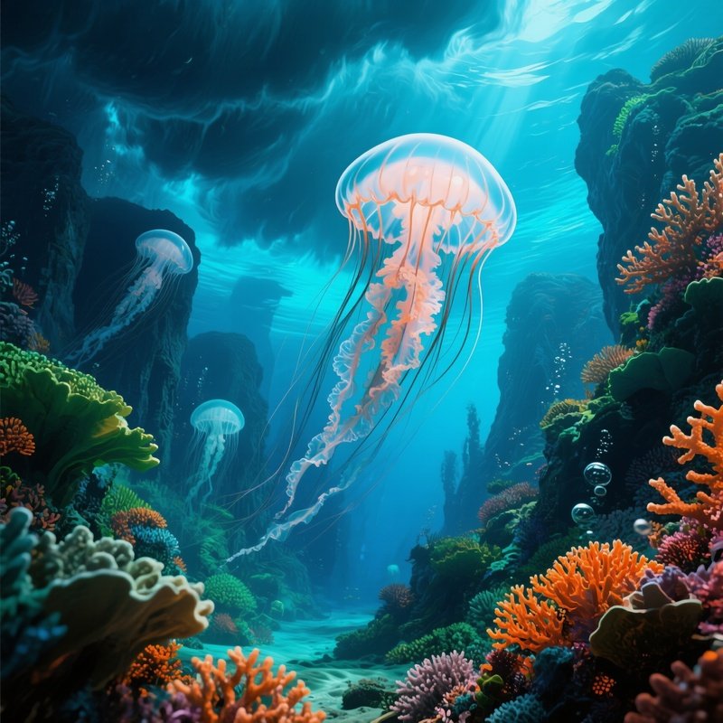 Jellyfish Storm Over Coral Canyon Scifi Underwater Art