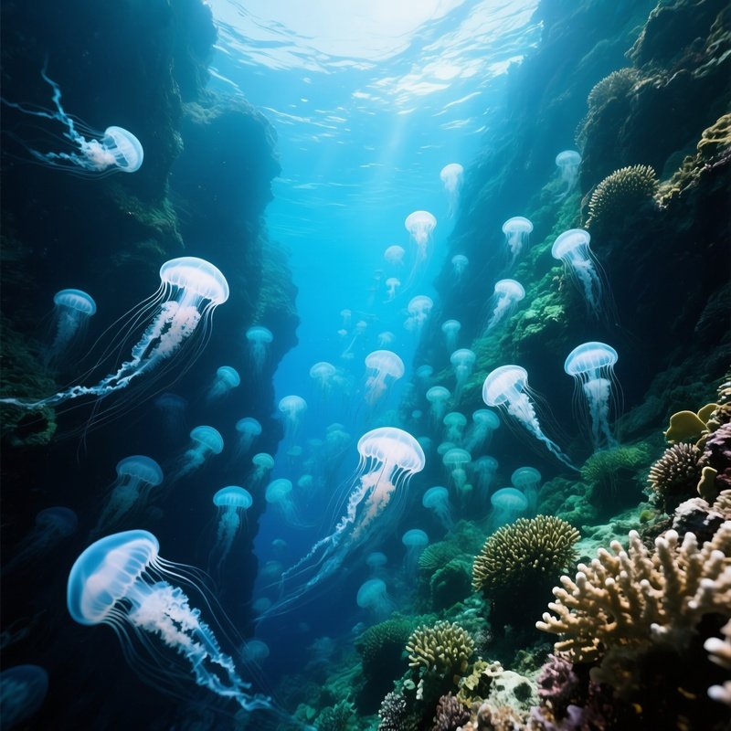 Jellyfish Storm Over Coral Canyon Underwater Scene