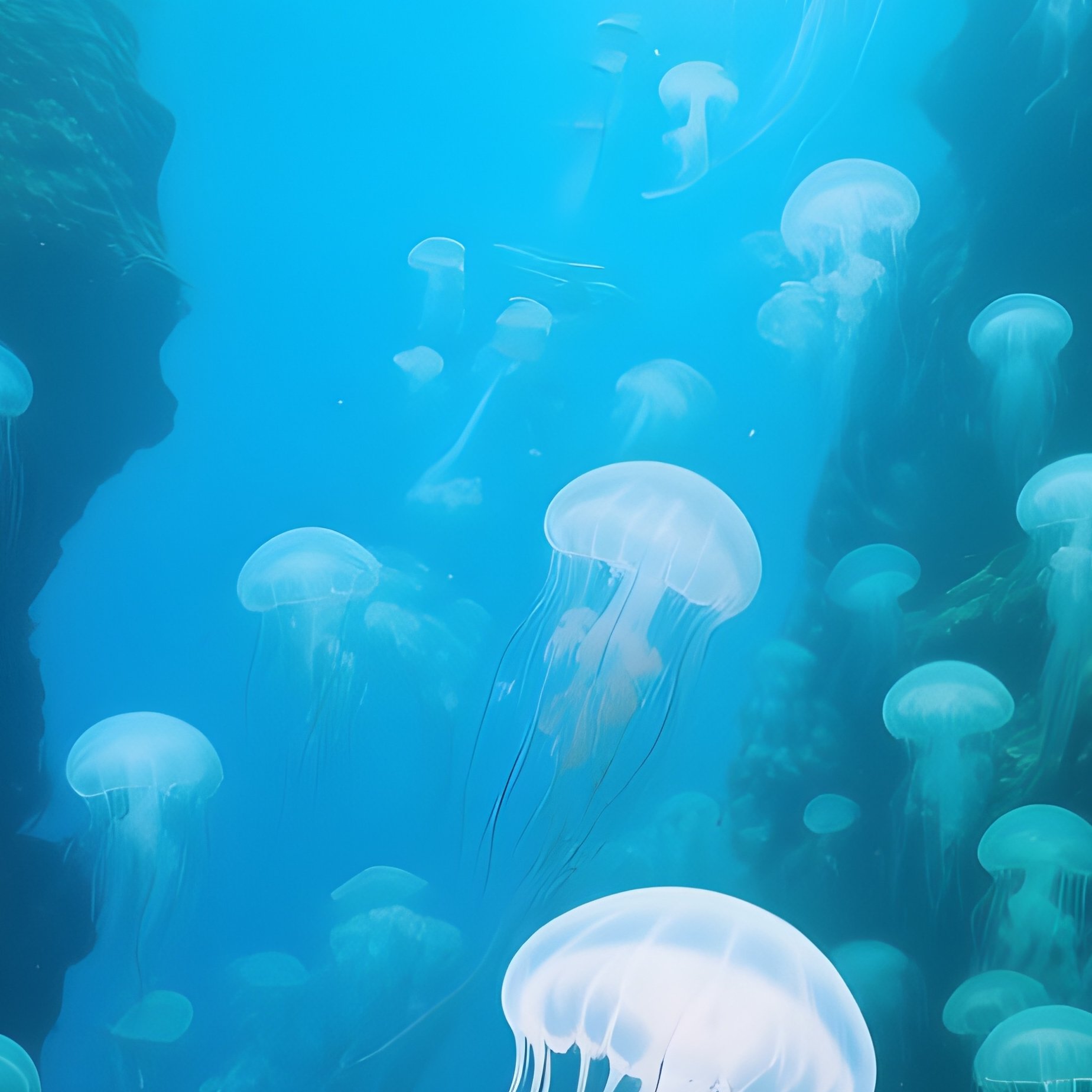 Jellyfish Storm Over Coral Canyon Underwater Scene - Full Resolution Quality Preview