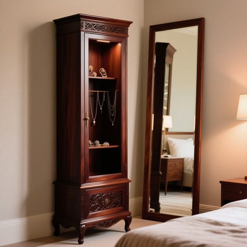 Jewelry Armaire Dark Cherry Wood Full Length Mirror