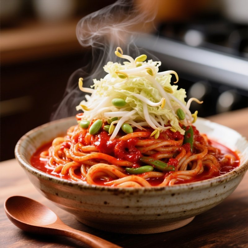 Jjolmyeon Chewy Noodles Spicy Sauce Cabbage Bean Sprouts
