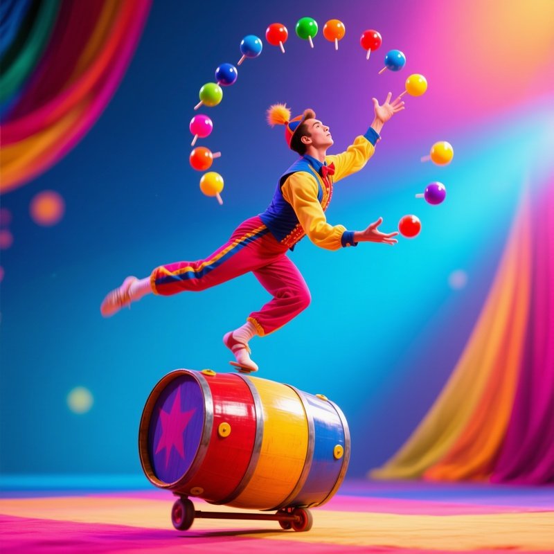 Juggler Balancing On Barrel Tossing Pins