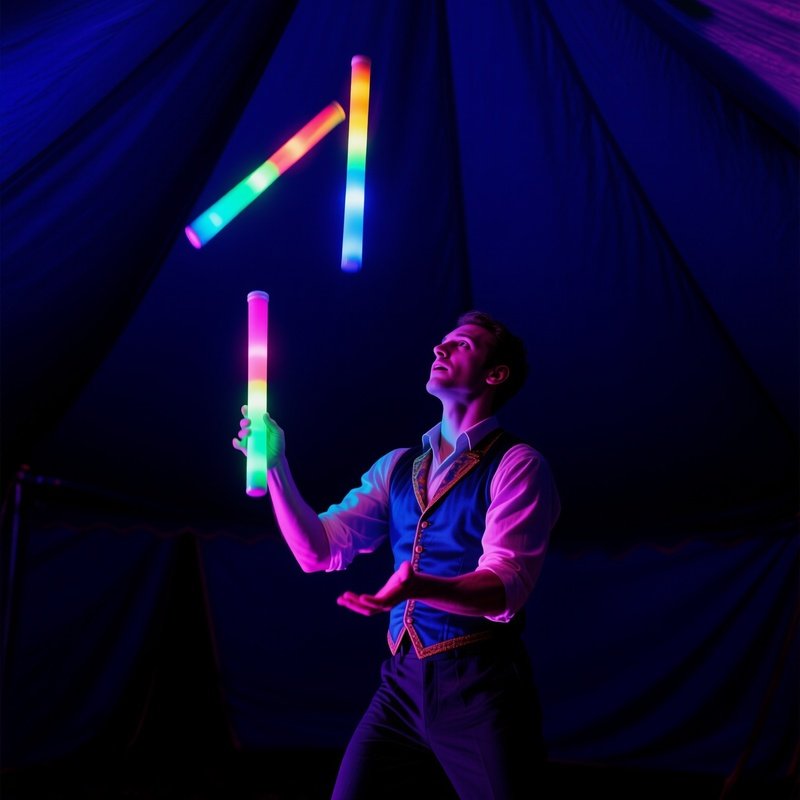 Juggler Performing With Glowing Led Clubs In The Darkened Tent