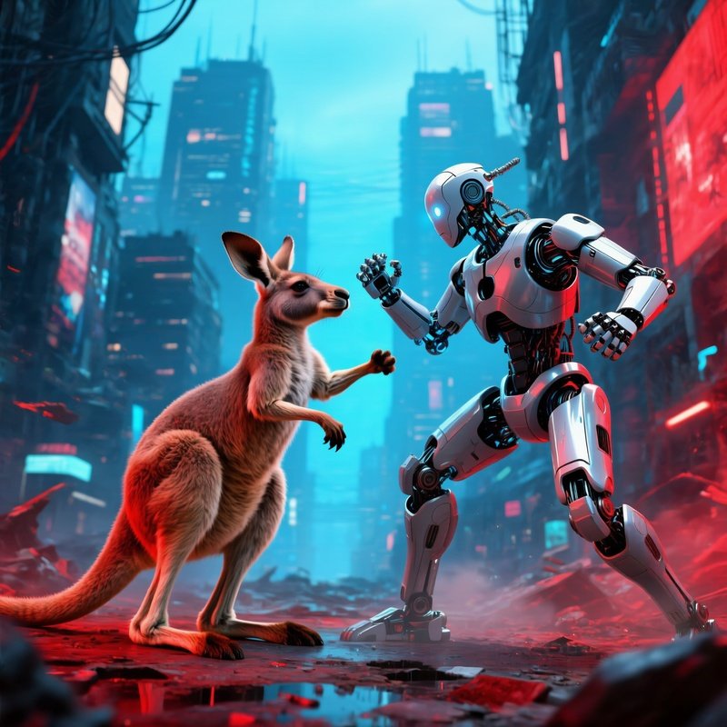 Kangaroo Boxing Robot In Cyberpunk Setting