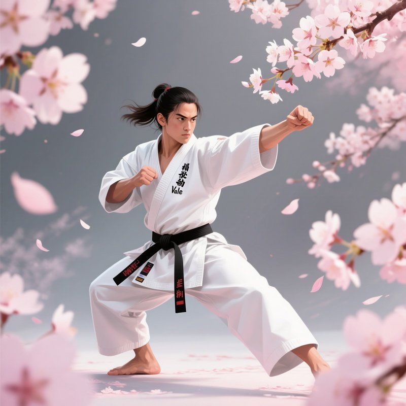 Karate Fighter Under Cherry Blossoms Striking