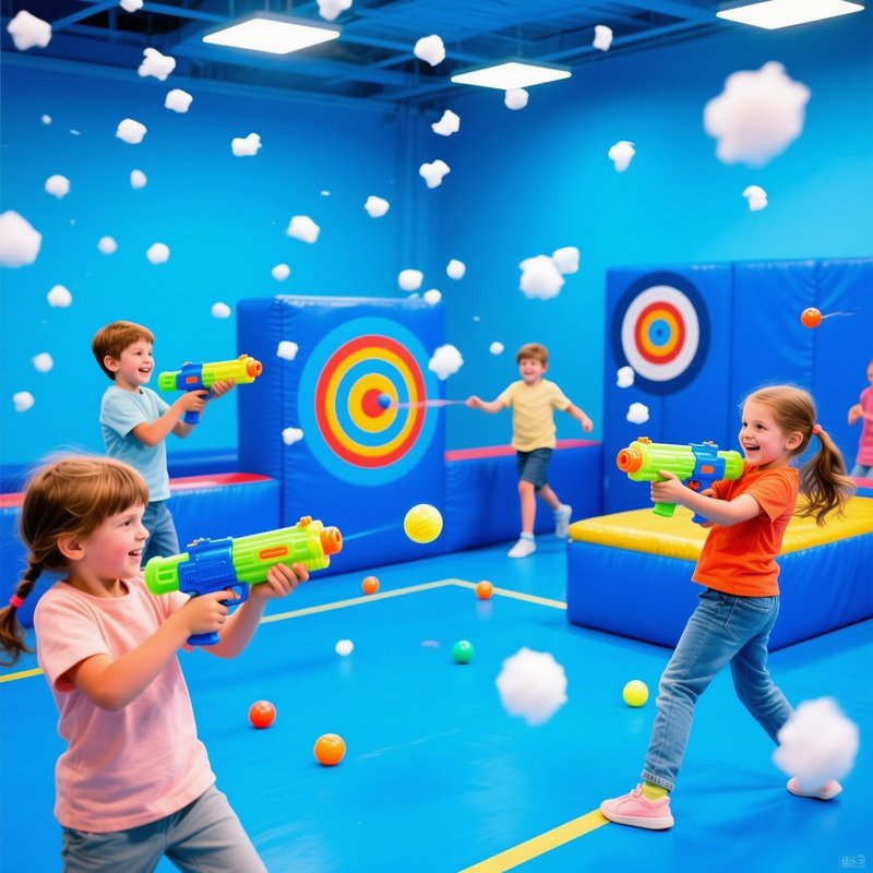 Kids Aiming Foam Balls At Moving Targets In Air Powered Play Zone