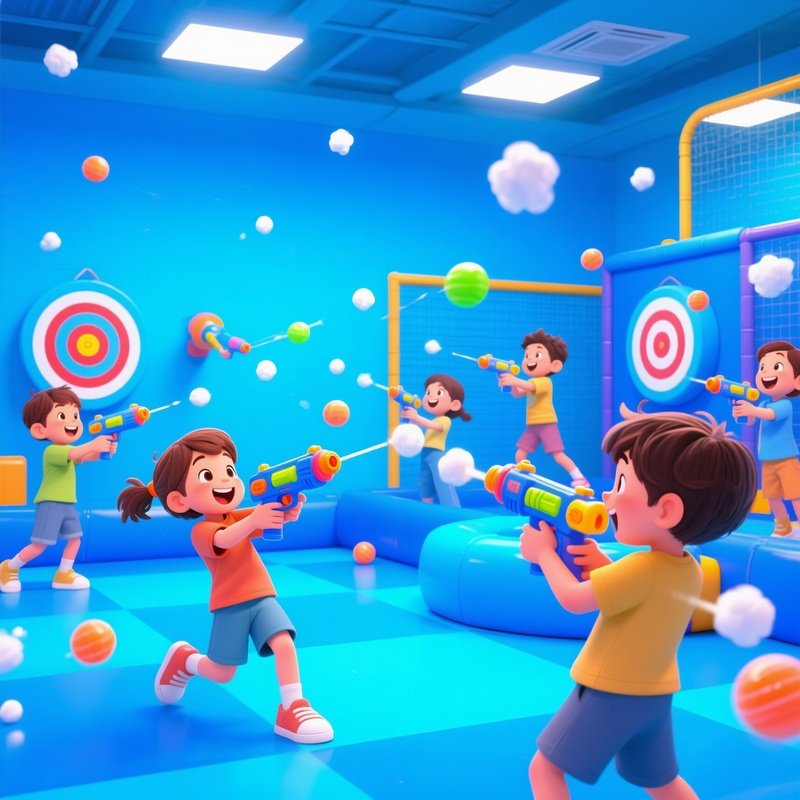 Kids Aiming Foam Balls At Moving Targets In Air Powered Play Zone