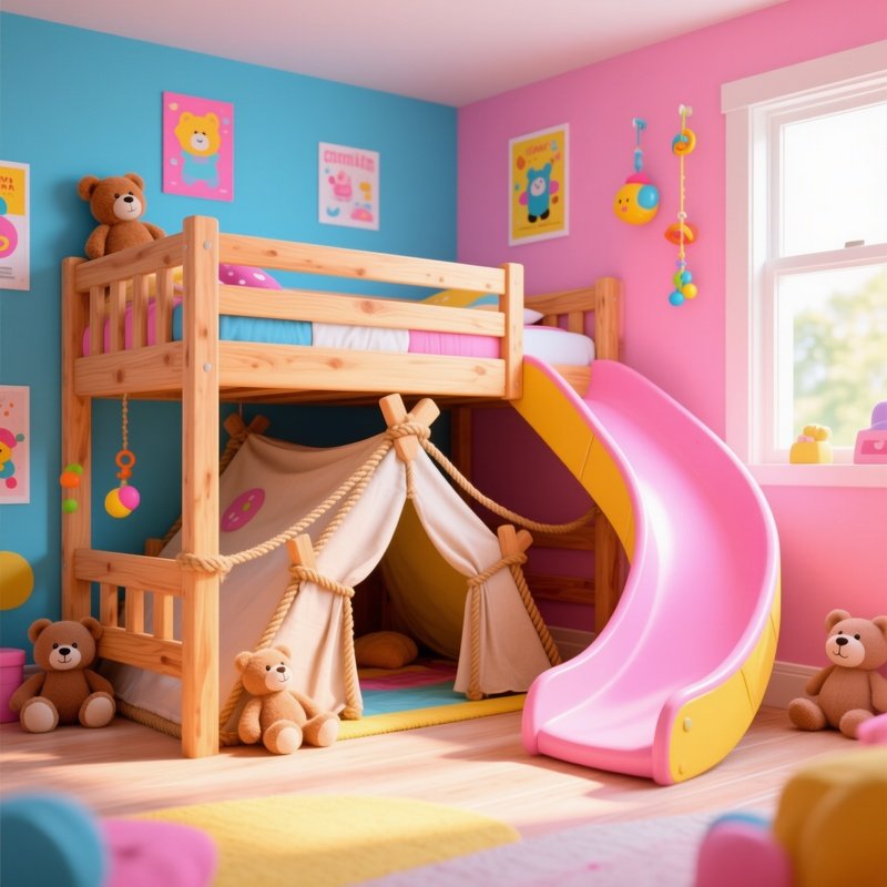 Kids Bunk Bed Playful Wooden Slide Fort