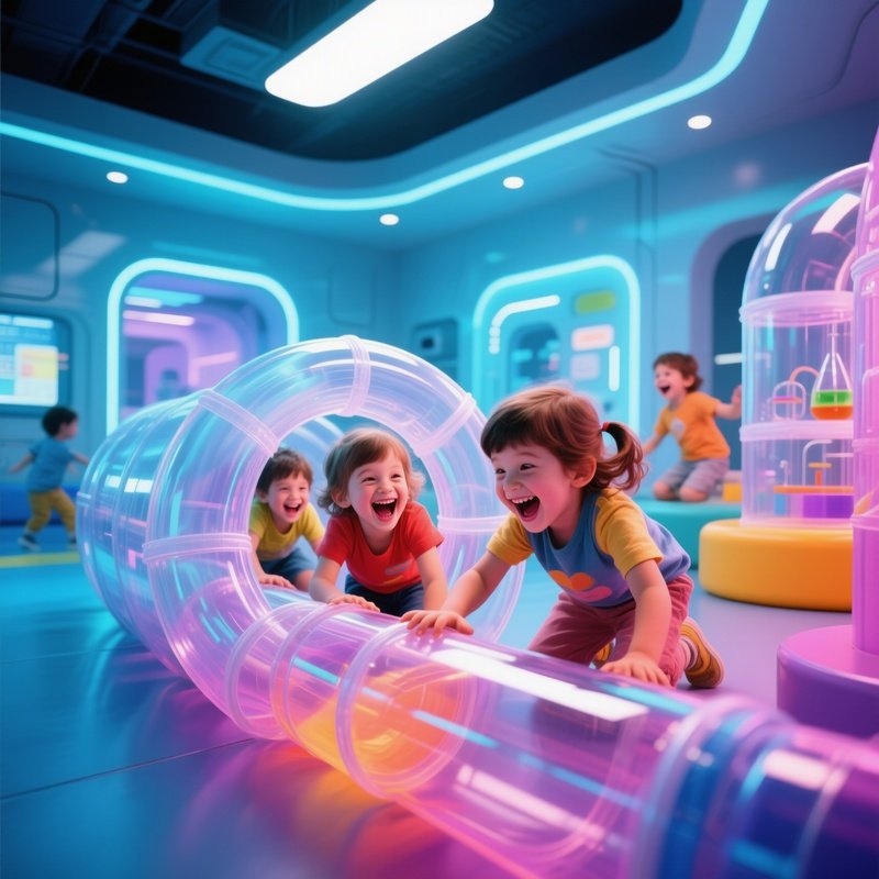 Kids Laughing Through Transparent Tubes Science Fiction