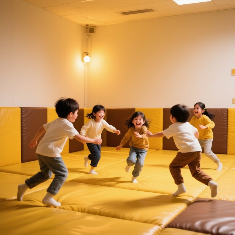 Kids Playing Tag On Padded Flooring Under Warm Lights