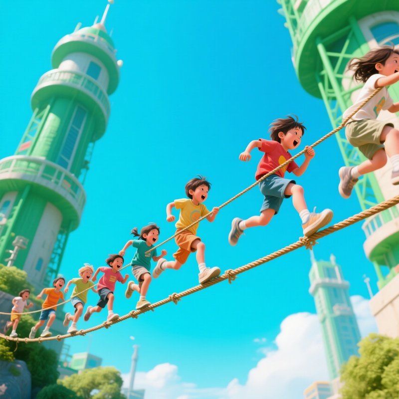 Kids Running Across Wobbly Rope Bridge Science Fiction