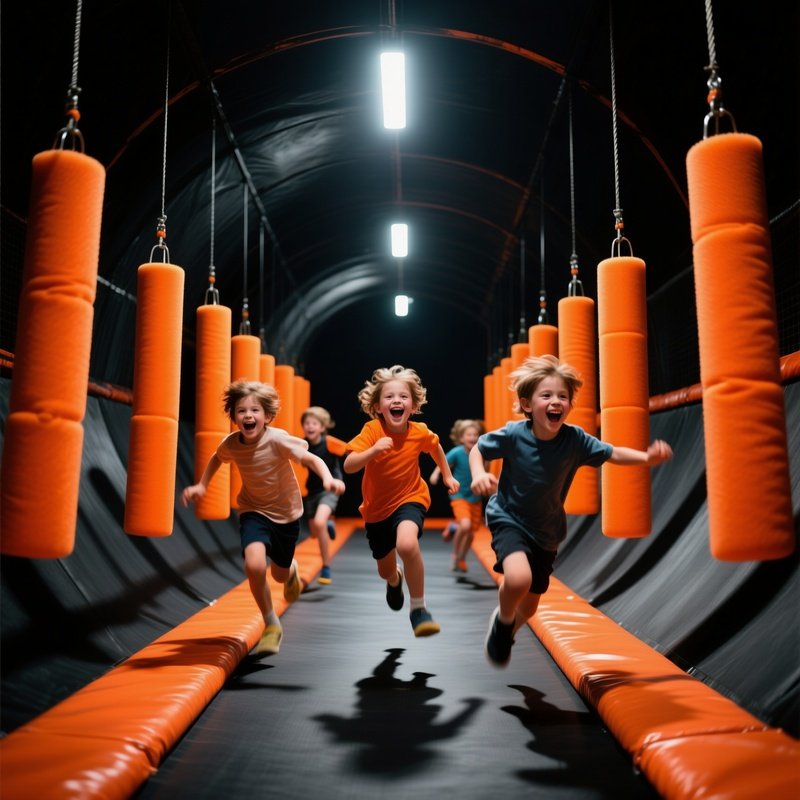 Kids Running Through Hanging Foam Obstacles In Adventure Tunnel