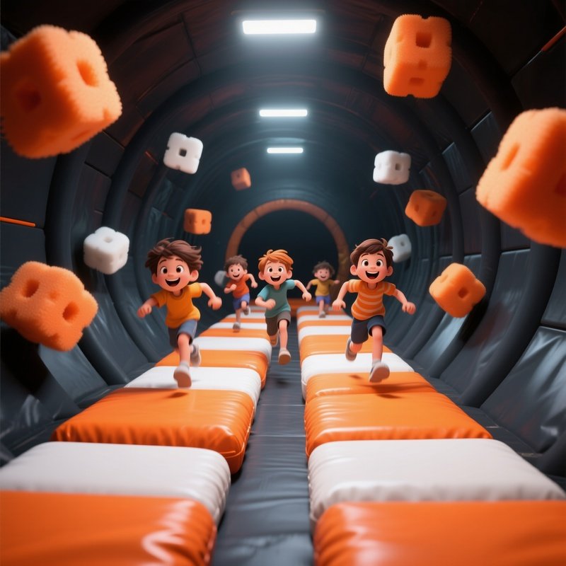 Kids Running Through Hanging Foam Obstacles In Adventure Tunnel