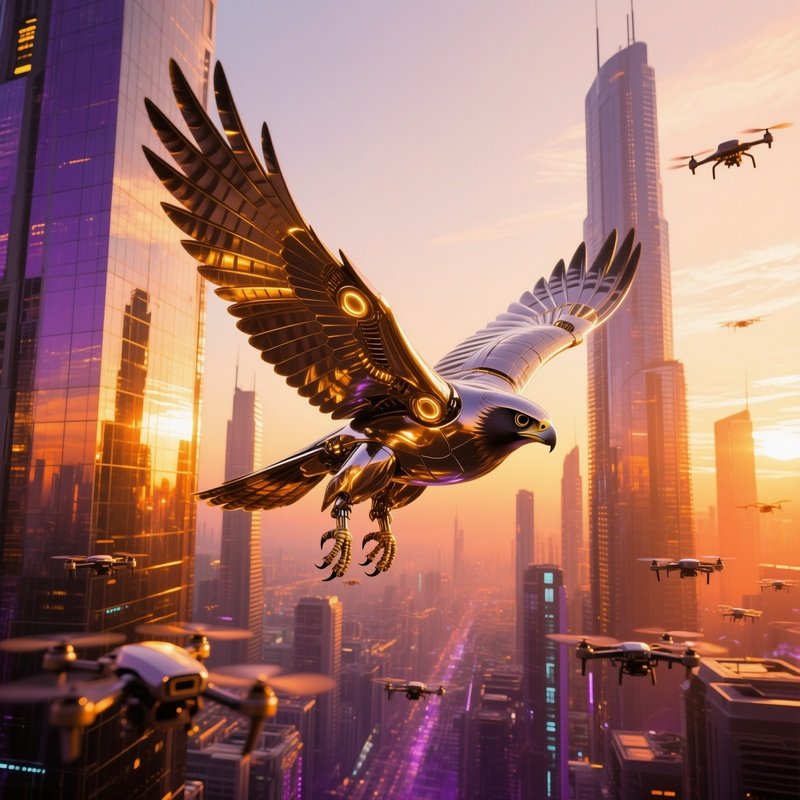Kinetic Metal Falcon Spiraling Over Futuristic City Sunset