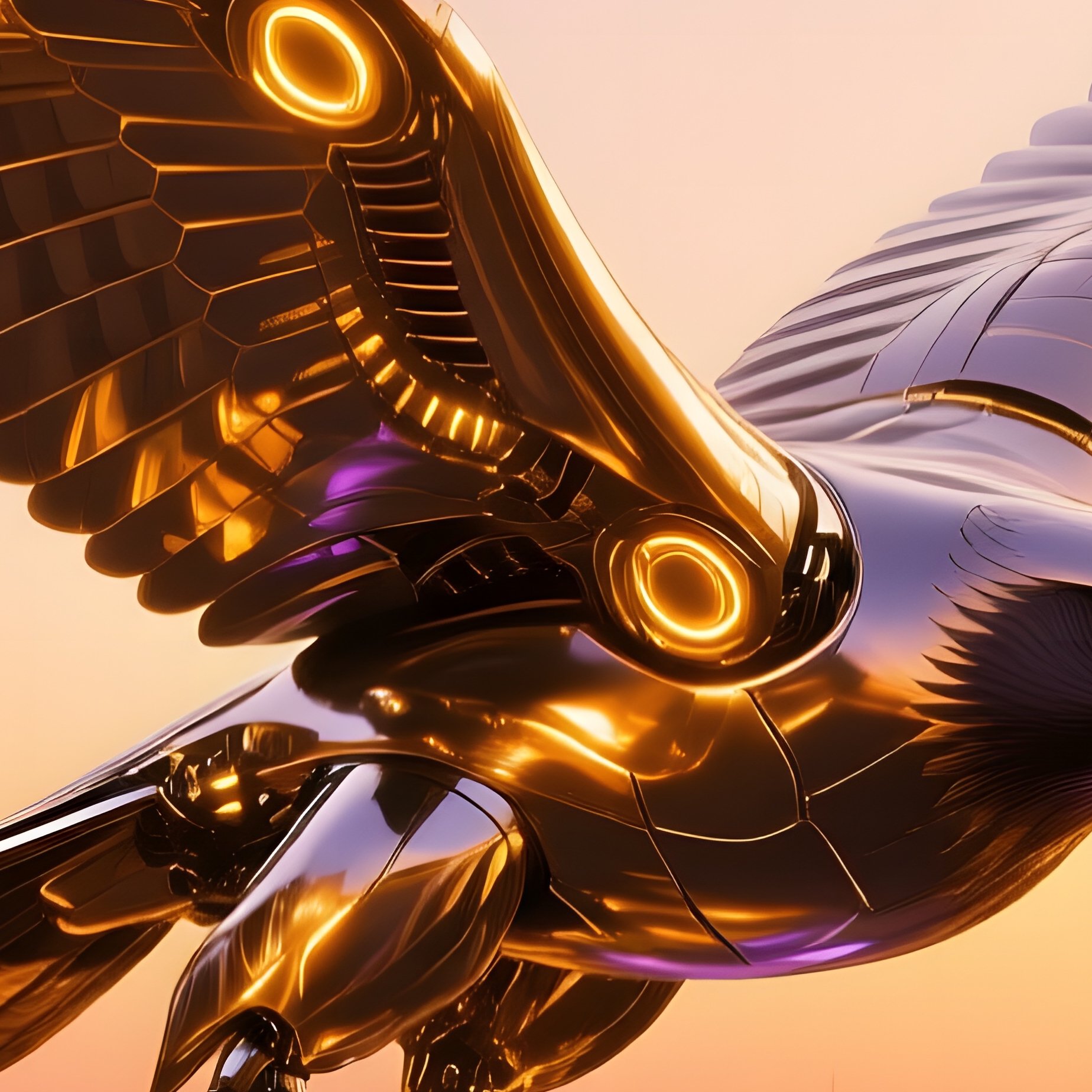 Kinetic Metal Falcon Spiraling Over Futuristic City Sunset - Full Resolution Quality Preview