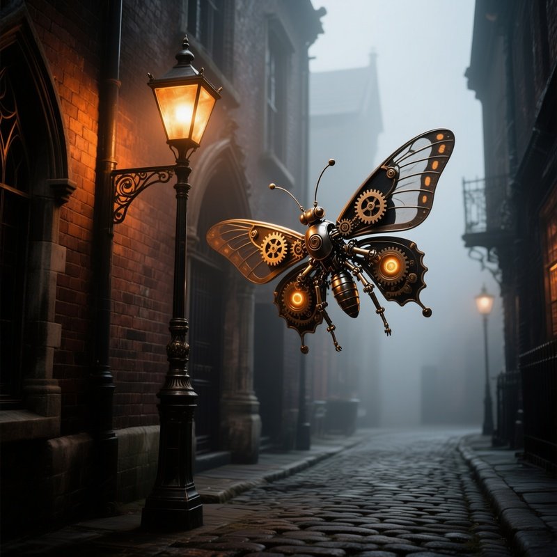 Kinetic Metal Moth Around Vintage Streetlamp Foggy Victorian Alley Night