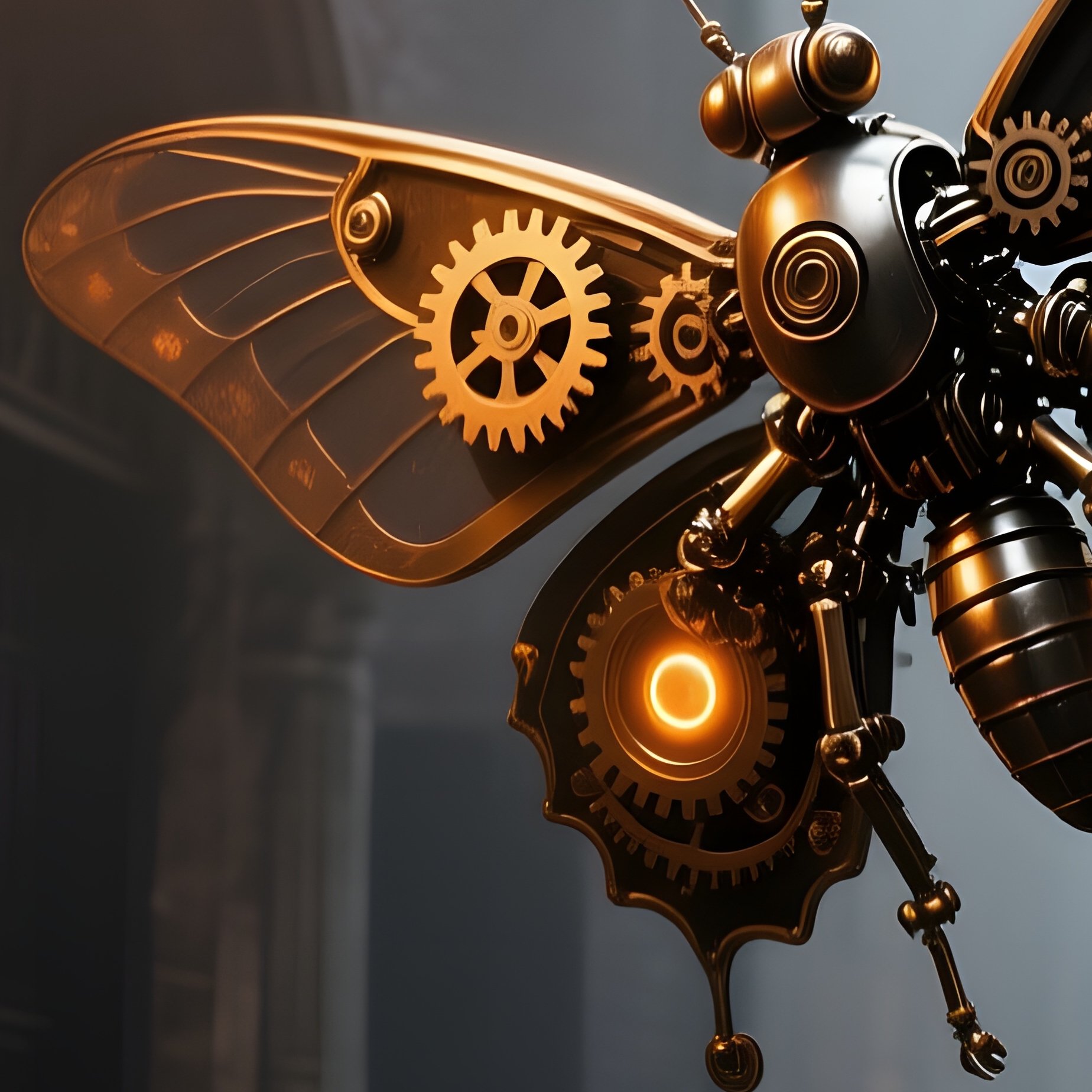 Kinetic Metal Moth Around Vintage Streetlamp Foggy Victorian Alley Night - Full Resolution Quality Preview