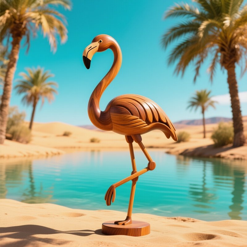 Kinetic Wooden Flamingo Balancing In Desert Oasis