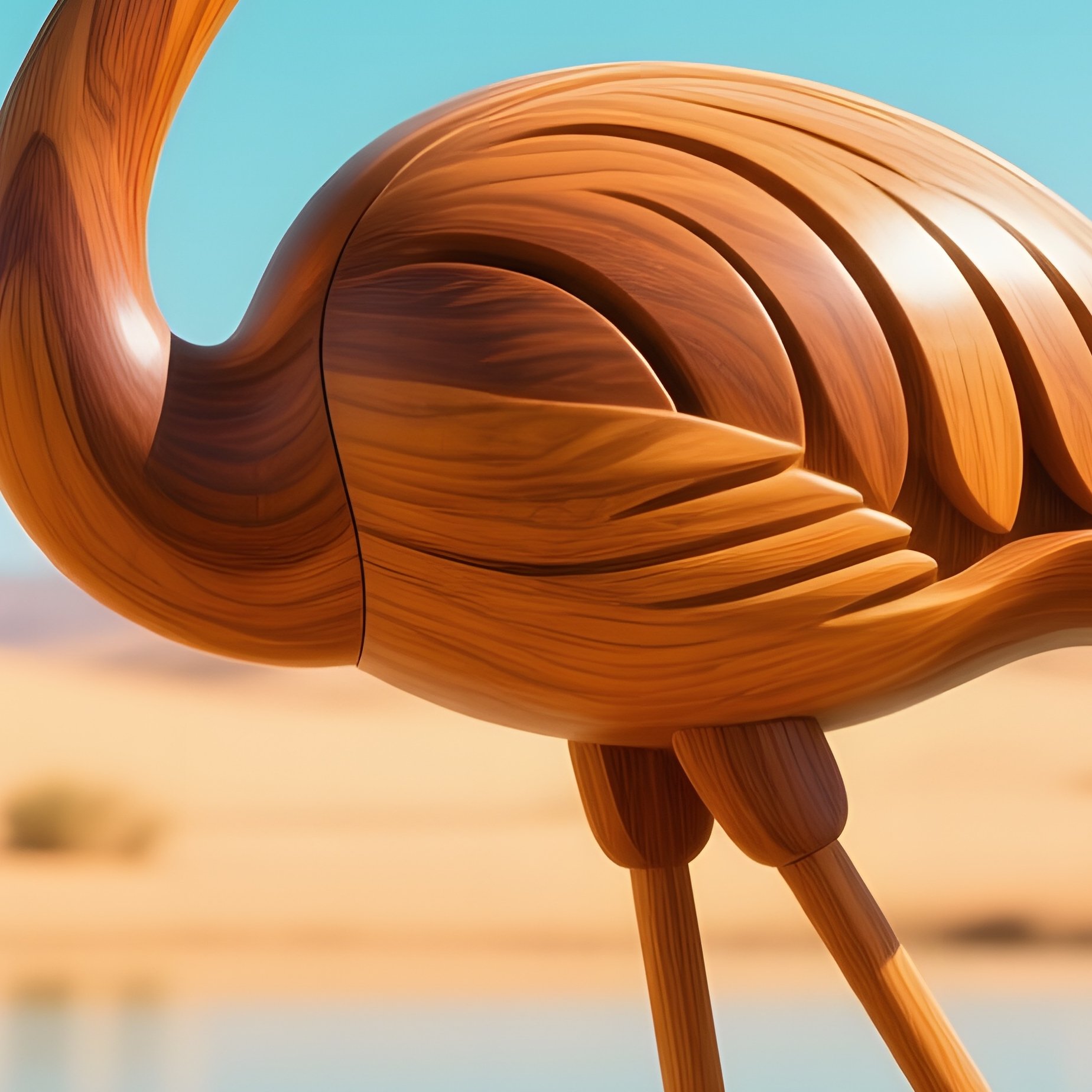 Kinetic Wooden Flamingo Balancing In Desert Oasis - Full Resolution Quality Preview