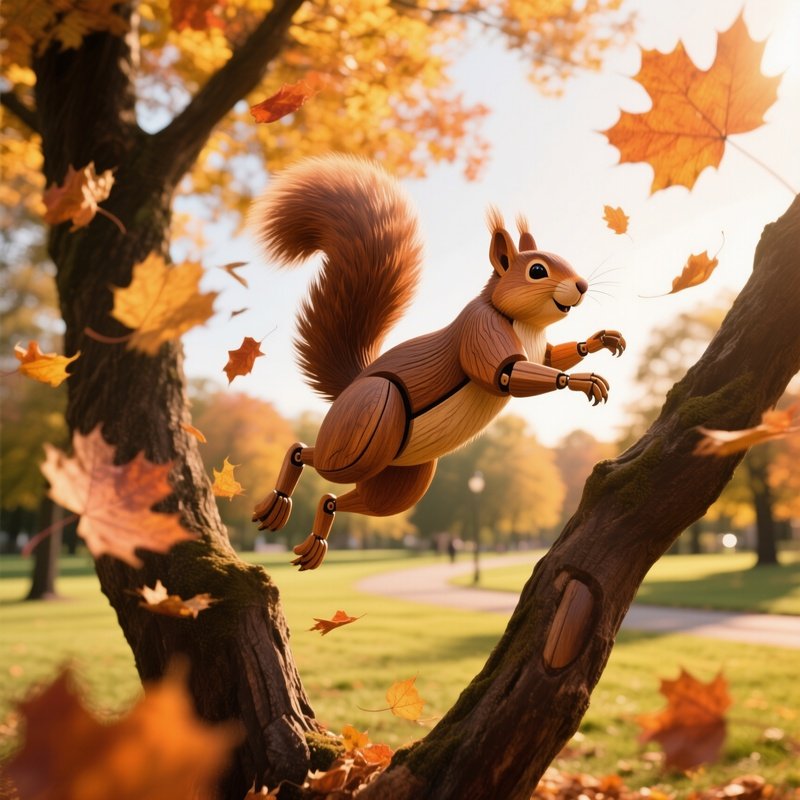 Kinetic Wooden Squirrel Leaping Autumn Maple Tree Golden Hour
