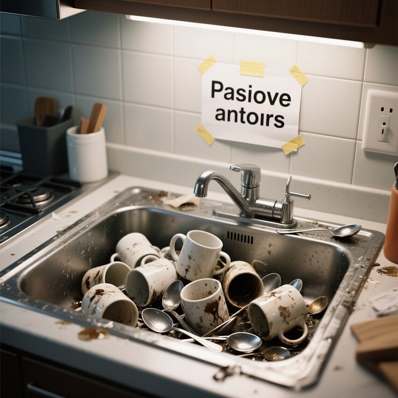 Kitchen Sink: A Pile Of Dirty Mugs And Spoons Left In The Office Kitchen Sink, With A Passive Aggressive Sign Taped Above It.