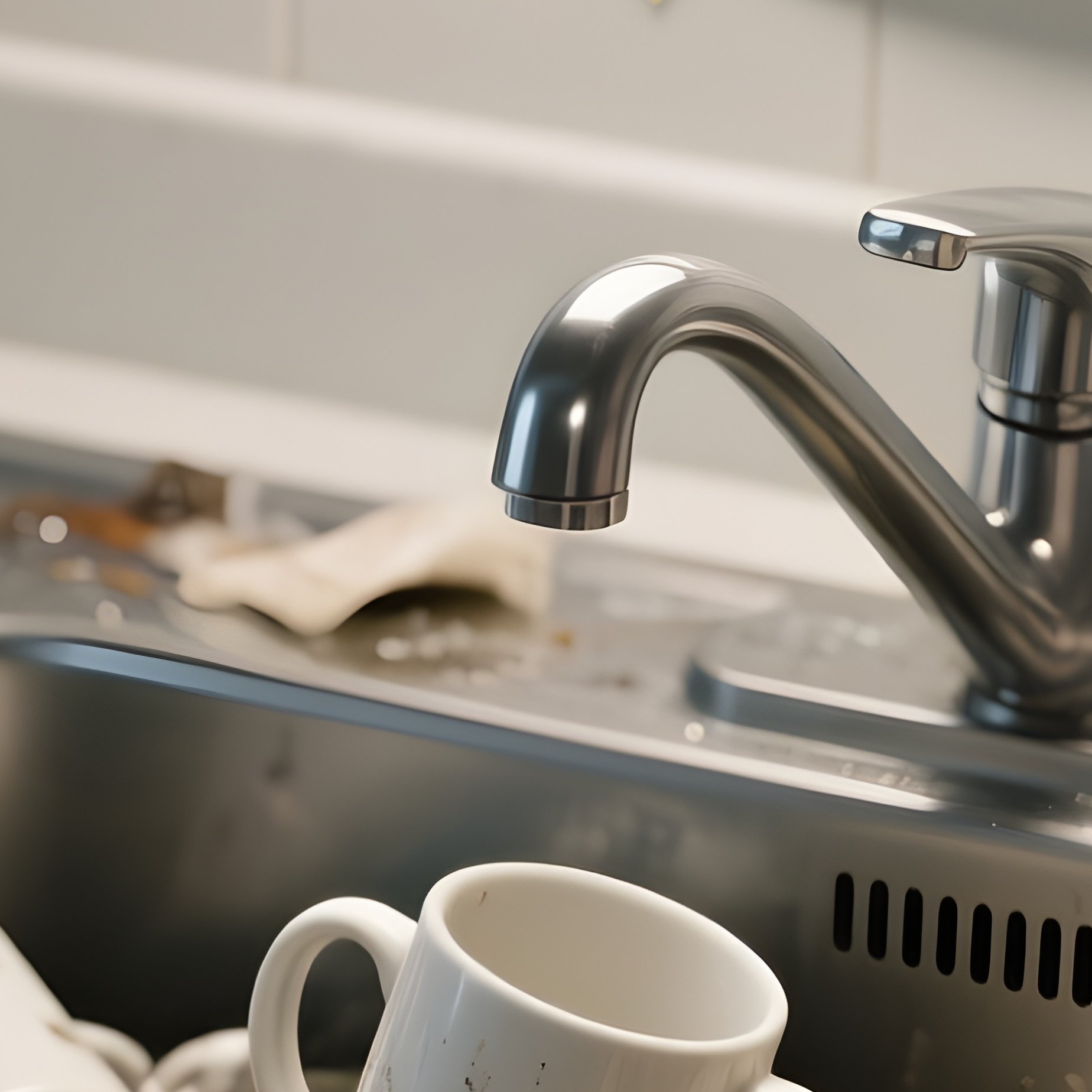 Kitchen Sink: A Pile Of Dirty Mugs And Spoons Left In The Office Kitchen Sink, With A Passive Aggressive Sign Taped Above It. - Full Resolution Quality Preview