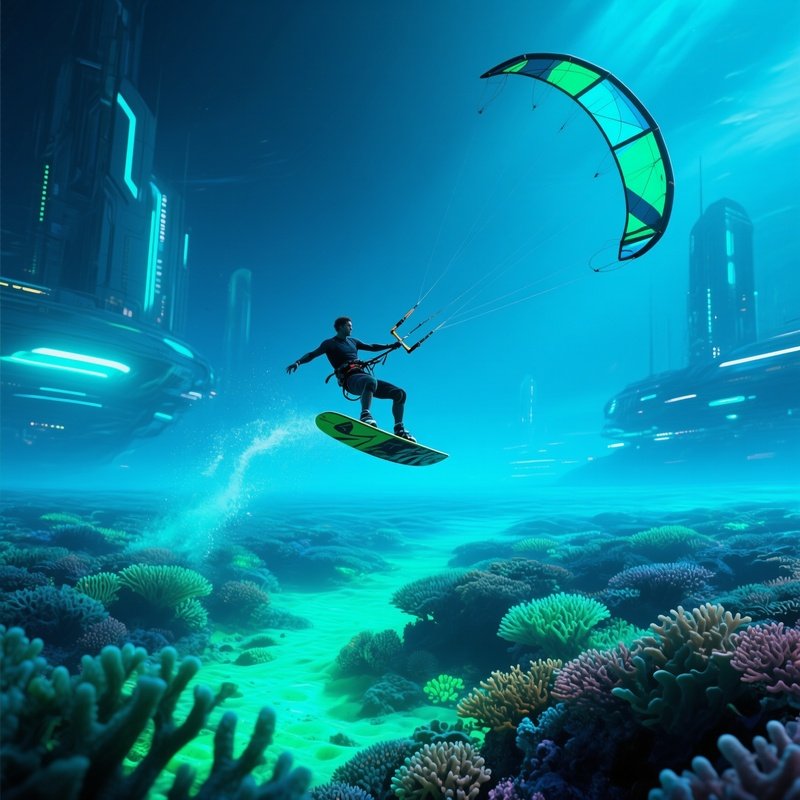 Kiteboarder Zephyr Lux Jumping Above Coral Seas Science Fiction