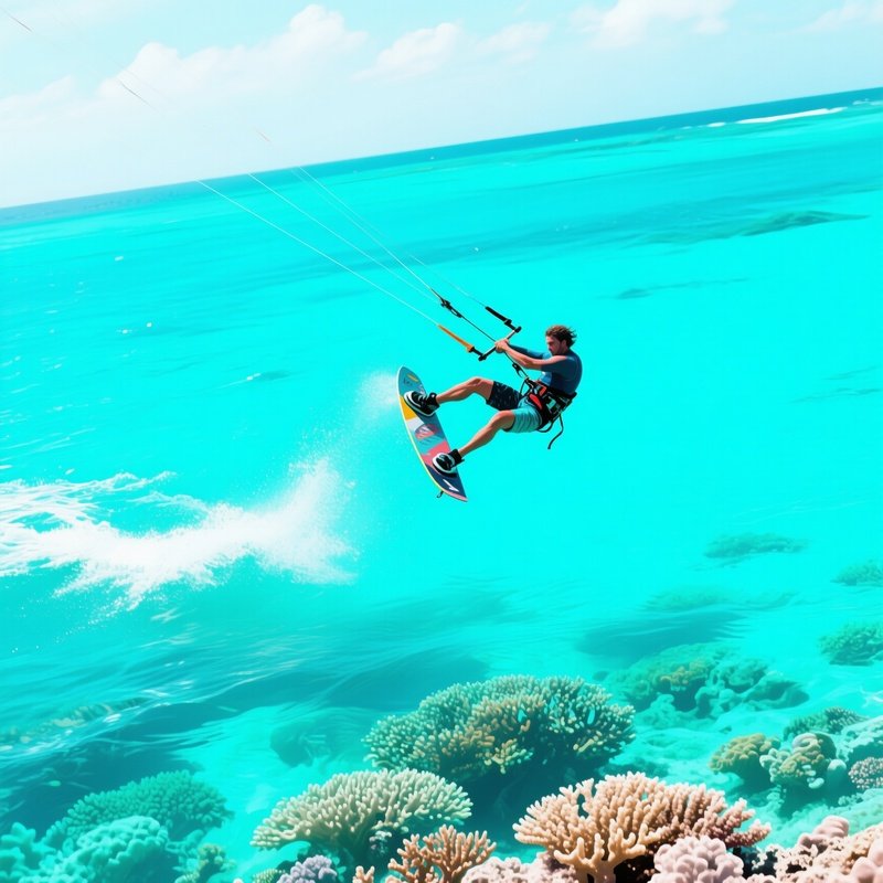 Kiteboarder Zephyr Lux Jumping Above Coral Seas