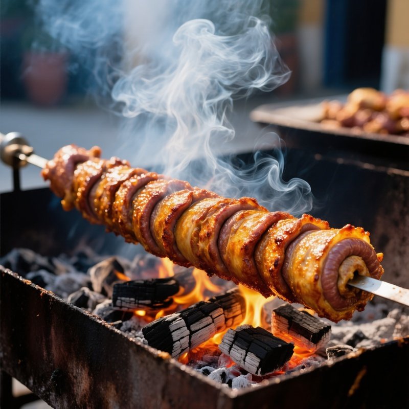 Kokoretsi Lamb Intestines Roasting Over Coals