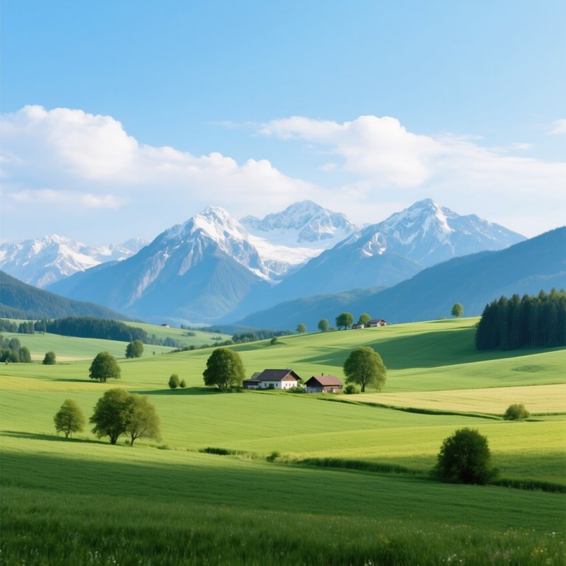 Landscape Featuring A Lush Green Field And Distant Mountains