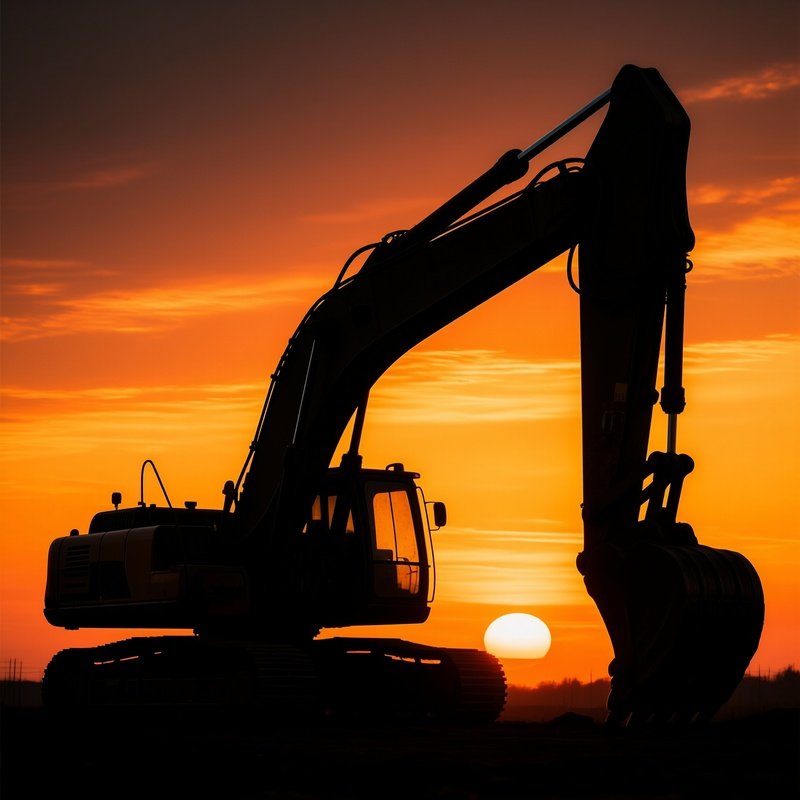 Large Excavator Silhouetted By Setting Sun