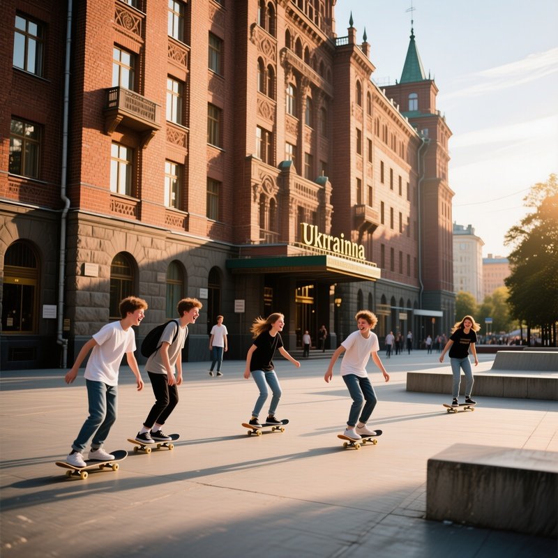 Late Afternoon Sun Catching The Intricate Brickwork Of The Hotel Ukraina, While A Group Of