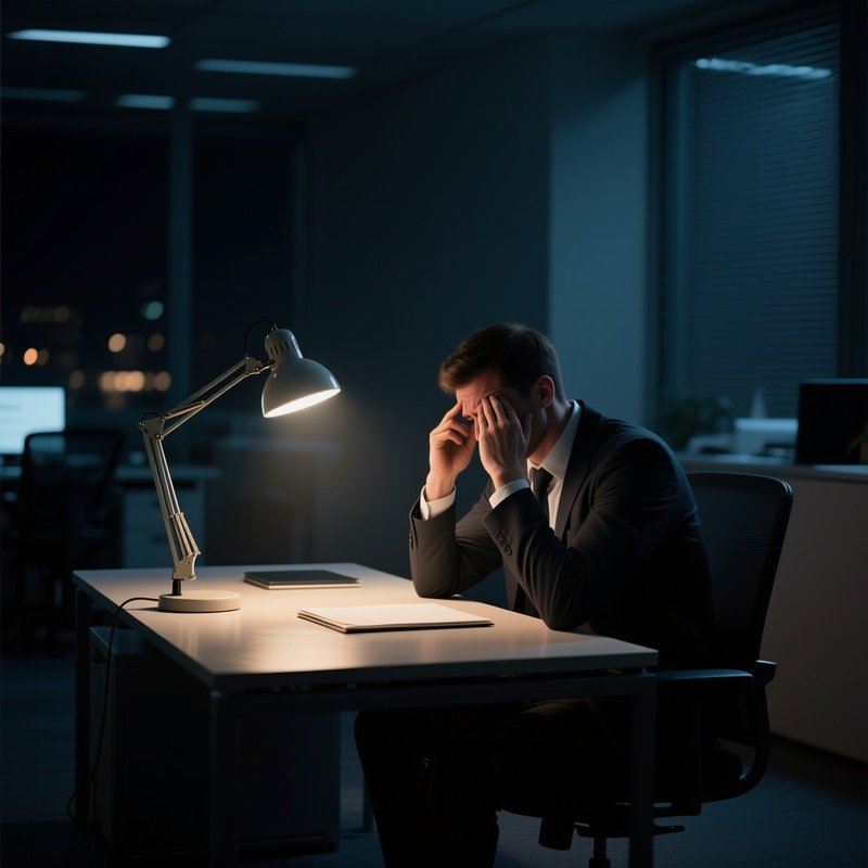Late Night Work: A Lone Desk Lamp Illuminating A Workspace In A Dark Office At 10 Pm, Highlighting A Tired Worker Rubbing Their Temples.