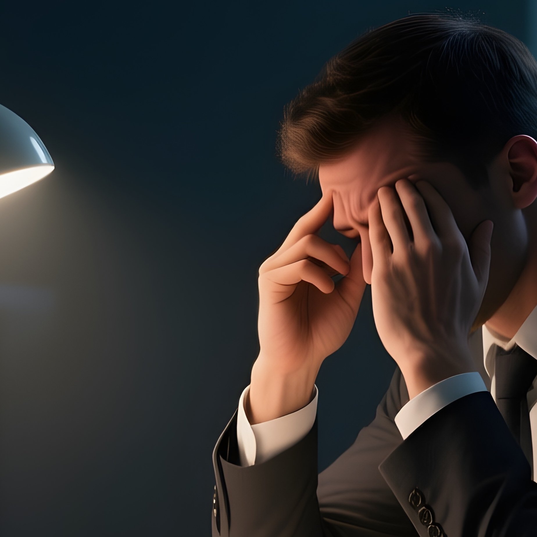 Late Night Work: A Lone Desk Lamp Illuminating A Workspace In A Dark Office At 10 Pm, Highlighting A Tired Worker Rubbing Their Temples. - Full Resolution Quality Preview